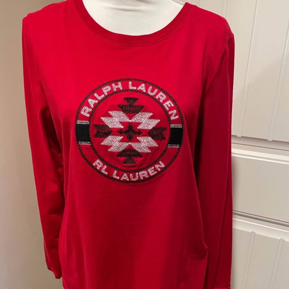 Lauren Ralph Lauren RED Aztec Print Long Sleeve Tee